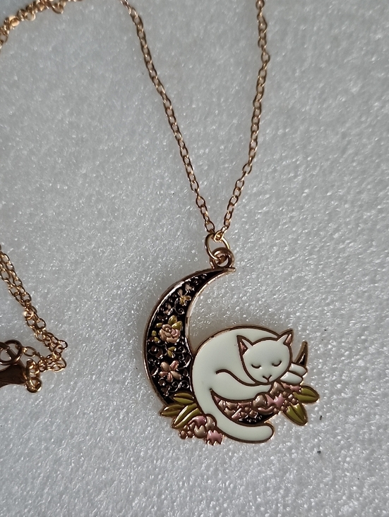 Hand Crafted Jewelry - Hand Crafted Gold-Tone Crescent Moon Necklace with White Cat and Pink Flowers